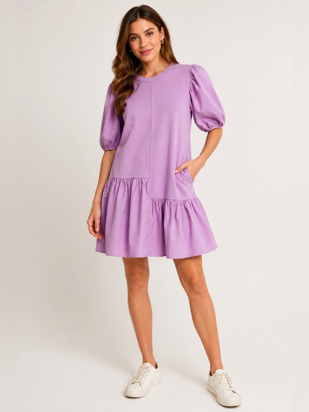English Factory XS Lavender Puff Sleeve Drop Waist Mini Dress